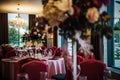 Festive table setting in the restaurant, preparation for the celebration, anniversary. Wedding Banquet, tables decorated Royalty Free Stock Photo