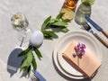 Festive table setting top view. Wedding table setting. Restaurant. Cutlery and table decor. Flowers Royalty Free Stock Photo