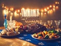 A festive table setting with a variety of dishes, candles, and decorative lights for celebration Royalty Free Stock Photo