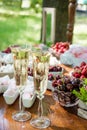Festive table setting wineglasses with champagne, fruit and marshmallows Royalty Free Stock Photo