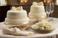 Festive table with two wedding cakes, champagne glasses, white roses, napkins. Banqueting hall