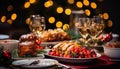 A festive table with wine, gourmet meal, and decoration generated by AI Royalty Free Stock Photo