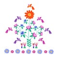 Festive template for embroidery. Flower - Sun, blooming tree, birds and cute cartoon people.