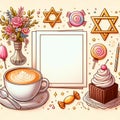 festive template, espresso with cake, Jewish star of David, beautiful design