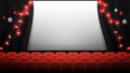 Festive template for your arts with copy space. Holiday card stylized as stage in a theater or cinema with satin curtain