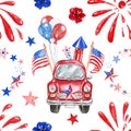 Festive 4th of July themed seamless pattern with hand painted red, white, blue elements. Fireworks, patriotic car, stars, balloons Royalty Free Stock Photo