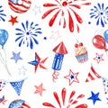 Festive 4th of July USA seamless pattern with watercolor red, white and blue balloons, fireworks, stars and snacks on white Royalty Free Stock Photo