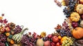 Thanksgiving cornucopia filled with autumn fruits and vegetables spread out to create a border Royalty Free Stock Photo