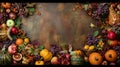 Thanksgiving cornucopia filled with autumn fruits and vegetables spread out to create a border Royalty Free Stock Photo