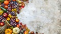 Thanksgiving cornucopia filled with autumn fruits and vegetables spread out to create a border Royalty Free Stock Photo
