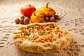 festive Thanksgiving dinner with vegetables and traditional bakery - pumpkin pie on table