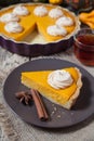 Festive Thanksgiving Homemade Pumpkin Pie with whipped cream, spices and tea