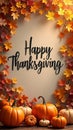 Happy thanksgiving decorative black script with pumpkins and autumn leaves on wooden background Royalty Free Stock Photo