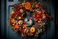 Festive Thanksgiving wreath with leaves and pumpkins on a door, generative AI