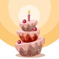 Festive three-layer cake with berries and a candle on candlelight. Happy birthday illustration vector