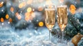 Festive Toast: Christmas Celebration with Champagne Flutes, Snowy Fir Branch, and Bokeh Royalty Free Stock Photo