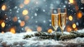 Festive Toast: Christmas Celebration with Champagne Flutes, Snowy Fir Branch, and Bokeh Royalty Free Stock Photo