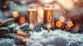 Festive Toast: Christmas Celebration with Champagne Flutes, Snowy Fir Branch, and Bokeh Royalty Free Stock Photo