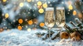 Festive Toast: Christmas Celebration with Champagne Flutes, Snowy Fir Branch, and Bokeh Royalty Free Stock Photo