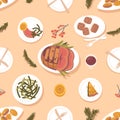 Festive Top-view Pattern Showcases A Delectable Array Of Dishes, From Roast Meat To Pies, Creating A Mouthwatering Feast
