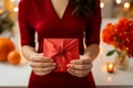 Festive tradition Asian woman gives red envelope for Lunar New Year