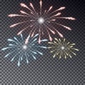 Festive transparent firework isolated illustration on dark background. Light fireworks effect for c