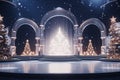 A festive triple gate with a stage and decorative Christmas trees and lighting effects