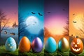 Festive Triptych: Distinct Atmospheres of Easter, Halloween, and Christmas Royalty Free Stock Photo