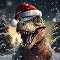 Festive Tyrannosaurus Rex in Santa Hat Celebrating Christmas. Generative ai