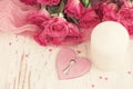 Festive Valentine`s day background with roses and hearts.Top vie