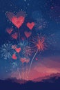 festive Valentine\'s Day banner with a whimsical scene of heart-shaped fireworks bursting in a night sky Royalty Free Stock Photo