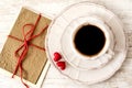Festive Valentine`s day coffee set with greeting card Royalty Free Stock Photo