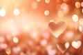 Festive Valentines day background. Blurred heart shape bokeh on peach fuzz background
