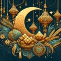 A festive vector art of ramadan, with Eid ketupat, crescent moon, ramdan ornaments, stars, happines, Islamic design