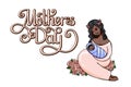 Festive vector illustration with lettering for mother`s day. Attractive afro-american woman holds her black newborn baby Royalty Free Stock Photo