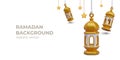Festive vector background for Ramadan greetings. Golden Arabic lanterns sway in wind