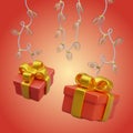 Festive vector banner with red gift boxes and garlands. New Year holiday, Christmas Royalty Free Stock Photo