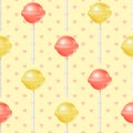 Festive vector realistic red and yellow spherical lollipops seamless pattern. Three-dimensionall colorful glossy round candies Royalty Free Stock Photo