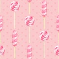 Festive vector realistic striped swirl lollipops seamless pattern. Three-dimensional spiral colorful glossy candies on sticks Royalty Free Stock Photo