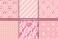 Festive vector realistic striped twisted lollipops seamless patterns set. Collection of pink backgrounds Royalty Free Stock Photo