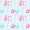 Festive vector realistic striped twisted and spherical lollipops seamless pattern. Three-dimensional spiral and round candies Royalty Free Stock Photo