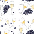 Festive vector seamless pattern with wine glasses and grapes on a white background. Royalty Free Stock Photo