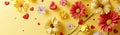 Festive vibrant floral banner with bright daisies and red hearts on a yellow background Royalty Free Stock Photo