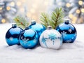 Festive and Vibrant Row of Blue and White New Year Balls with some Spruce Branches