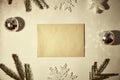 Festive vintage retro card, envelope mockup with crafting decoration, branches of fir tree and trendy ornaments with