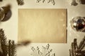 Festive vintage retro card, envelope mockup with crafting decoration, branches of fir tree and trendy ornaments with