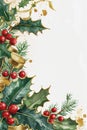 Festive Watercolor Christmas Border with Holly and Bells