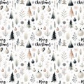 Festive watercolor Christmas pattern with trees and ornaments on white background