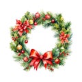 Festive watercolor christmas wreath with red bow Royalty Free Stock Photo