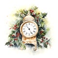 Festive watercolor clock with pine branch and winter berries